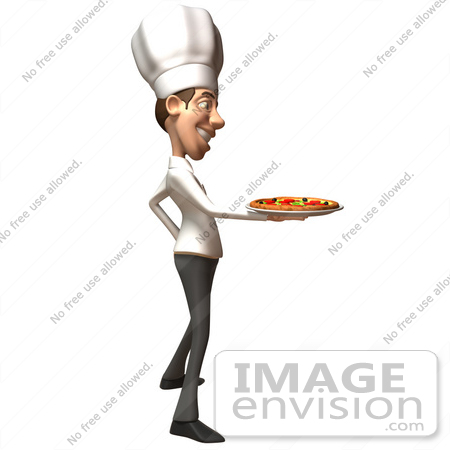 #47846 Royalty-Free (RF) Illustration Of A 3d White Chef Man Mascot Serving A Pizza Pie - Version 1 by Julos