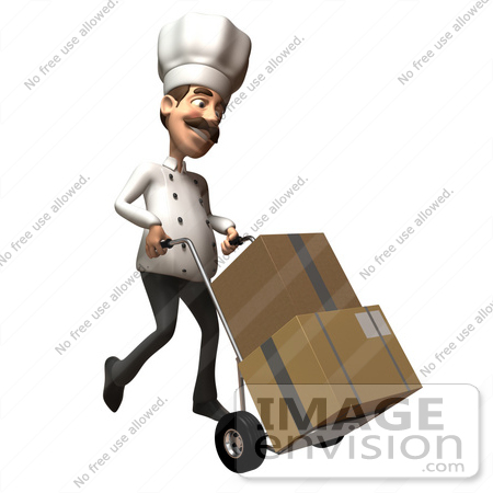 #47847 Royalty-Free (RF) Illustration Of A 3d Gourmet Chef Mascot Moving Boxes On A Dolly - Version 2 by Julos