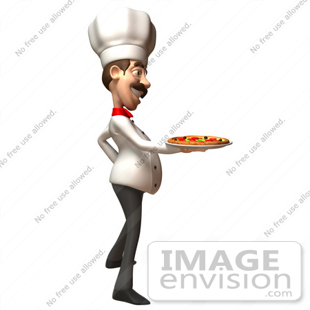 #47849 Royalty-Free (RF) Illustration Of A 3d Gourmet Chef Mascot Serving A Pizza Pie - Version 3 by Julos