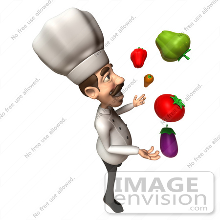 #47869 Royalty-Free (RF) Illustration Of A 3d Gourmet Chef Mascot Juggling Veggies - Version 4 by Julos