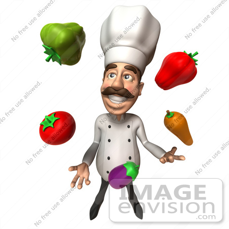 #47884 Royalty-Free (RF) Illustration Of A 3d Gourmet Chef Mascot Juggling Veggies - Version 3 by Julos