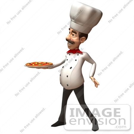 #47886 Royalty-Free (RF) Illustration Of A 3d Gourmet Chef Mascot Serving A Pizza Pie - Version 2 by Julos