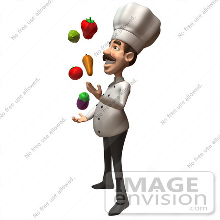 #47887 Royalty-Free (RF) Illustration Of A 3d Gourmet Chef Mascot Juggling Veggies - Version 2 by Julos
