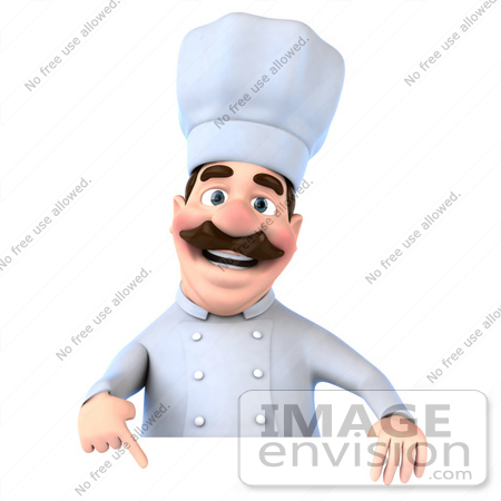 #47915 Royalty-Free (RF) Illustration Of A 3d Head Chef Mascot Pointing Down And Standing Behind A Blank Sign by Julos