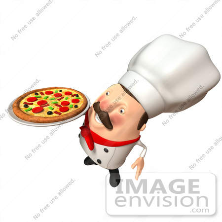 #47935 Royalty-Free (RF) Illustration Of A 3d Chubby Executive Chef Mascot Serving A Pizza Pie - Version 4 by Julos
