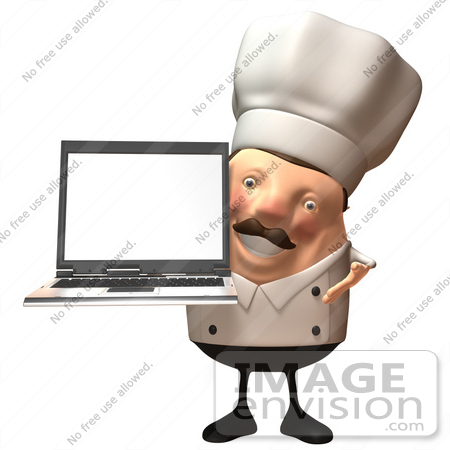 #47948 Royalty-Free (RF) Illustration Of A 3d Chubby Executive Chef Mascot Holding A Laptop With A Blank Screen - Version 3 by Julos