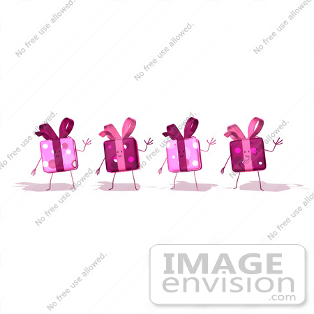 #47963 Royalty-Free (RF) Illustration Of Four Pink 3d Present Mascots Waving - Version 1 by Julos