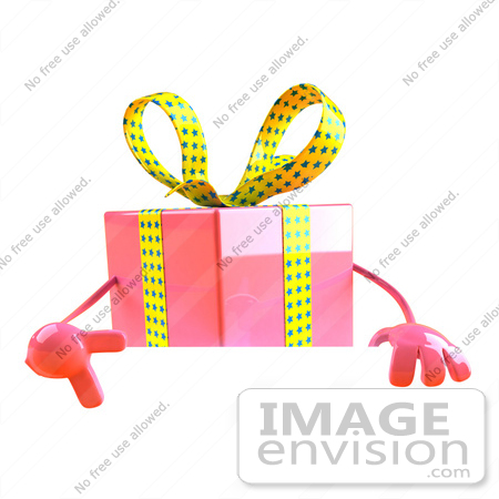 #47968 Royalty-Free (RF) Illustration Of A 3d Pink Present Mascot Standing Behind A Blank Sign - Version 3 by Julos