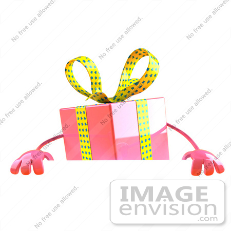 #47972 Royalty-Free (RF) Illustration Of A 3d Pink Present Mascot Standing Behind A Blank Sign - Version 1 by Julos