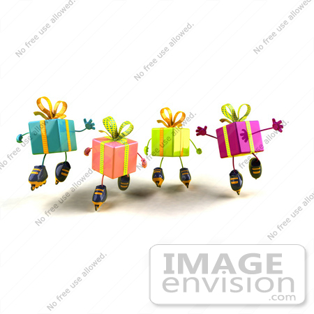 #47978 Royalty-Free (RF) Illustration Of A Group Of Four 3d Present Mascots Inline Skating - Version 1 by Julos