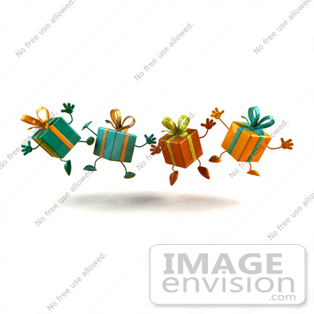 #47979 Royalty-Free (RF) Illustration Of A Line Of Four 3d Present Mascots Jumping - Version 1 by Julos