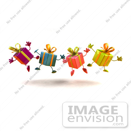 #47980 Royalty-Free (RF) Illustration Of A Line Of Four 3d Present Mascots Jumping - Version 3 by Julos