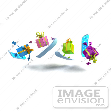 #47981 Royalty-Free (RF) Illustration Of A Group Of Four 3d Present Mascots Snowboarding - Version 5 by Julos