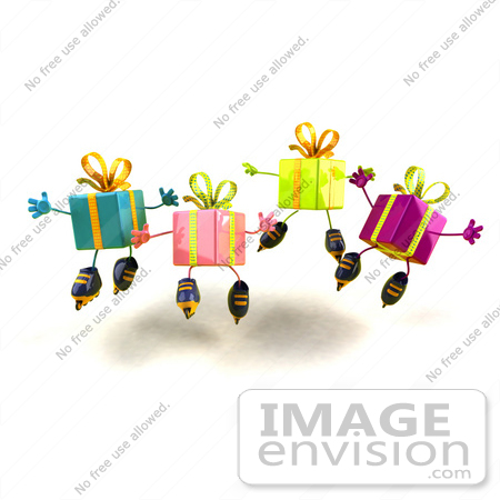#47982 Royalty-Free (RF) Illustration Of A Group Of Four 3d Present Mascots Inline Skating - Version 2 by Julos