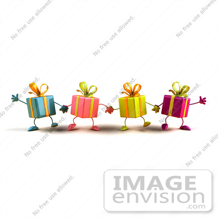 #47983 Royalty-Free (RF) Illustration Of A Line Of Four 3d Present Mascots Facing Front And Holding Hands - Version 3 by Julos