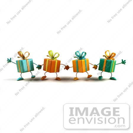 #47984 Royalty-Free (RF) Illustration Of A Line Of Four 3d Present Mascots Facing Front And Holding Hands - Version 2 by Julos