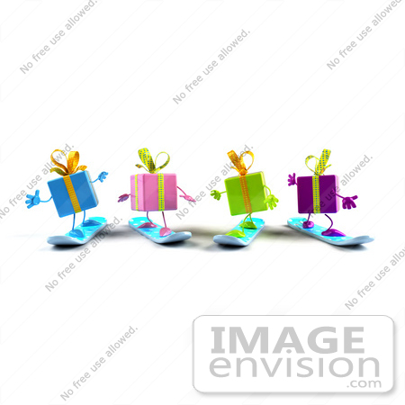 #47985 Royalty-Free (RF) Illustration Of A Group Of Four 3d Present Mascots Snowboarding - Version 4 by Julos