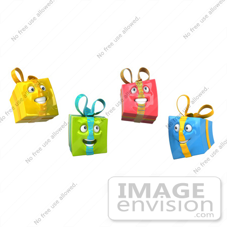 #47986 Royalty-Free (RF) Illustration Of Four Yellow, Green, Red And Blue 3d Present Head Mascots by Julos