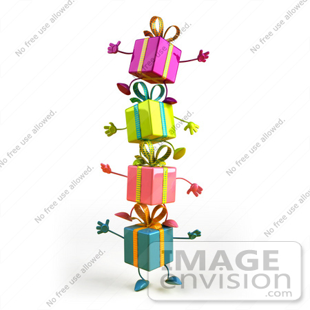 #47992 Royalty-Free (RF) Illustration Of A Group Of Four 3d Present Mascots Standing On Top Of Each Other - Version 1 by Julos
