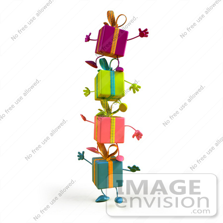 #47993 Royalty-Free (RF) Illustration Of A Group Of Four 3d Present Mascots Standing On Top Of Each Other - Version 3 by Julos