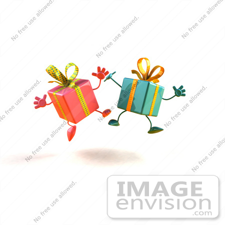 #47995 Royalty-Free (RF) Illustration Of Two 3d Present Mascots Jumping - Version 3 by Julos