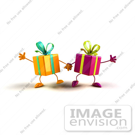 #47996 Royalty-Free (RF) Illustration Of Two 3d Present Mascots Holding Hands - Version 1 by Julos
