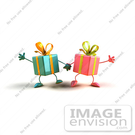 #47997 Royalty-Free (RF) Illustration Of Two 3d Present Mascots Holding Hands - Version 3 by Julos
