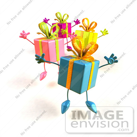 #48001 Royalty-Free (RF) Illustration Of A Group Of Four 3d Present Mascots Leaping - Version 1 by Julos