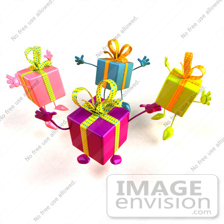 #48002 Royalty-Free (RF) Illustration Of A Group Of Four 3d Present Mascots Leaping - Version 3 by Julos