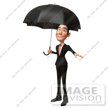 #48215 Royalty-Free (RF) Illustration Of A 3d White Collar Businessman Mascot Standing Under An Umbrella by Julos