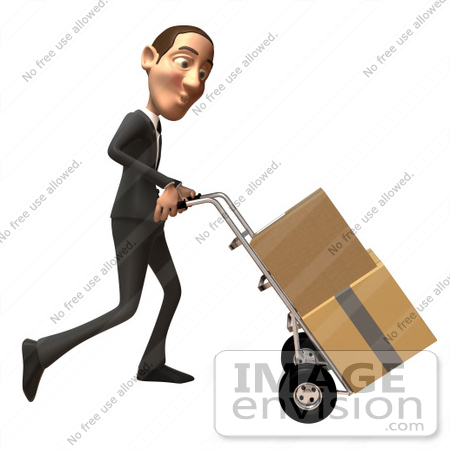 #48239 Royalty-Free (RF) Illustration Of A 3d White Collar Businessman Mascot Moving Boxes On A Dolly - Version 3 by Julos