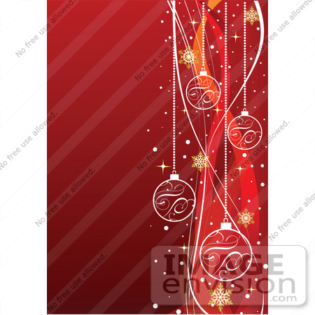 #48297 Clip Art Illustration Of A Red Xmas Background With Swooshy Red Ribbons, Gold Snowflakes And White Baubles by pushkin