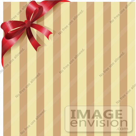 #48298 Clip Art Illustration Of A Red Bow On The Corner Of A Brown And Tan Striped Background  by pushkin