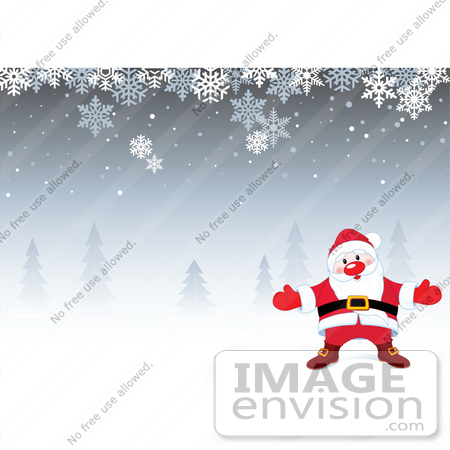 #48301 Clip Art Illustration Of A Friendly Santa On A Snowy Gray Background With Trees And Snowflakes by pushkin