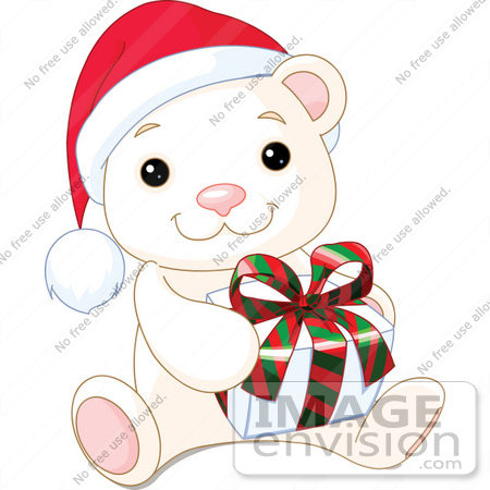 #48306 Clip Art Illustration Of A Cute Baby Polar Bear Wearing A Santa Hat And Holding A Xmas Gift by pushkin