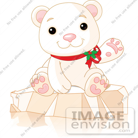 #48310 Clip Art Illustration Of A Cute Xmas Polar Bear Wearing Holly And Waving While Sitting On Ice by pushkin