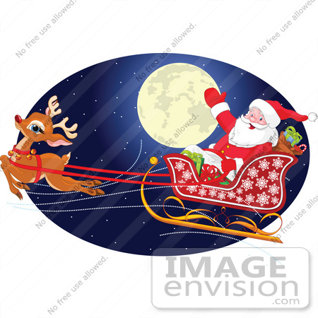 #48314 Clip Art Illustration Of Santa And Rudolph Flying By A Full Moon On The Eve Of Xmas by pushkin