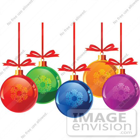#48319 Clip Art Illustration Of Colorful Glass Snowflake Xmas Balls On Red Ribbons by pushkin