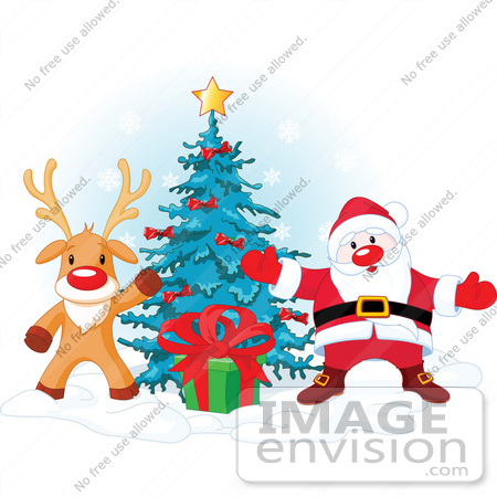 #48346 Clip Art Illustration Of Rudolph The Red Nosed Reindeer And Santa Presenting A Gift In Front Of A Xmas Tree by pushkin