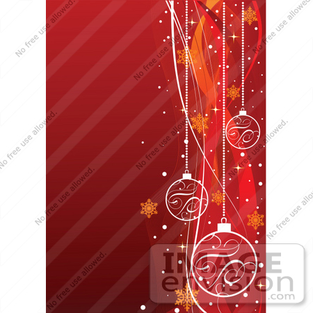 #48348 Clip Art Illustration Of A Red Xmas Background With A Right Border Of Baubles, Snowflakes, Snow And Waves by pushkin