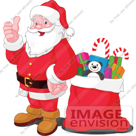 #48353 Clip Art Illustration Of A Thumbs Up Santa Standing By A Sack by pushkin