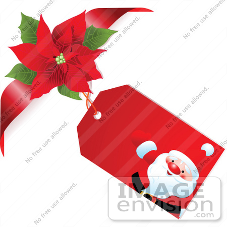 #48356 Clip Art Illustration Of A Santa Gift Tag With A Poinsettia Bow On A White Background by pushkin