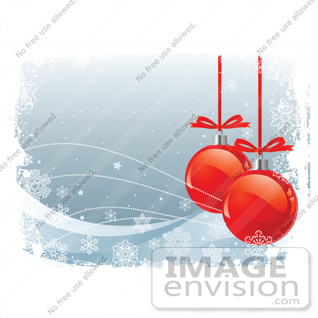 #48373 Clip Art Illustration Of A Blue Xmas Background With Snowflake Breezes And Red Ornaments by pushkin
