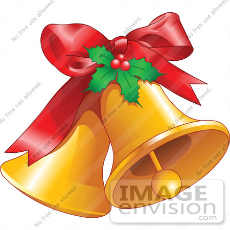 #48412 Clip Art Illustration Of Two Ringing Xmas Bells With A Red Bow And Holly by pushkin