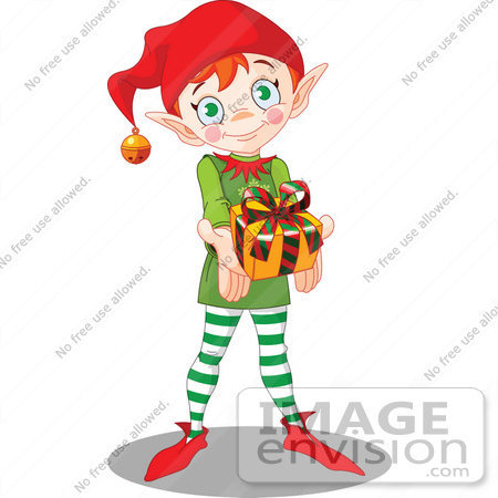 #48424 Clip Art Illustration Of A Thoughtful Xmas Elf Holding Out A Present by pushkin