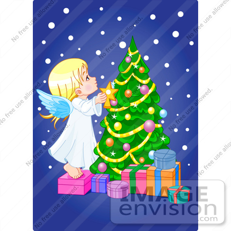 #48429 Clip Art Illustration Of A Cute Angle Putting A Star On A Xmas Tree by pushkin