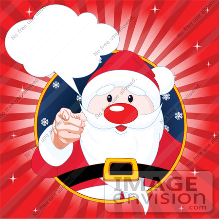 #48434 Clip Art Illustration Of Santa In A Circle, Pointing Outwards With A Word Bubble And Red Rays by pushkin