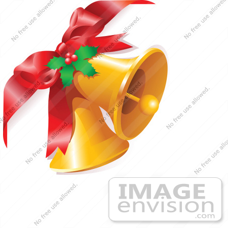 #48453 Clip Art Illustration Of A Red Bow Attached To Two Golden Bells With Xmas Holly by pushkin