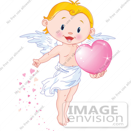 #48455 Clip Art Illustration Of A Cute Blond Boy Angel With Pink Hearts by pushkin