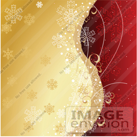 #48459 Clip Art Illustration Of A Divided Gold And Red Xmas Background With Vine Tendrils And Snowflakes by pushkin